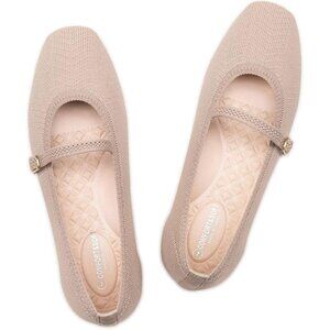 Frank Mully Mary Jane Women Camel Elastic Knit Slip on Square-Toe Flat Shoes